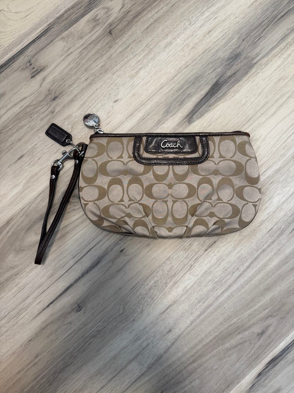 Vintage Coach Wristlet Bag Tan & Brown Logo Monogram Wallet Clutch Leather